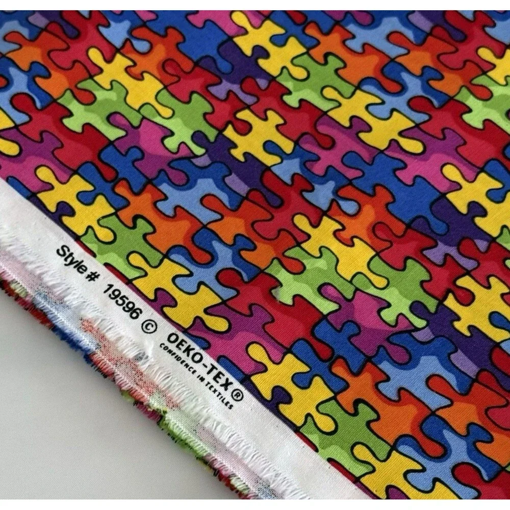 Jigsaw Puzzle Quilt Fabric AUTISM AWARENESS Cotton Print BTY Rainbow Sew 19596